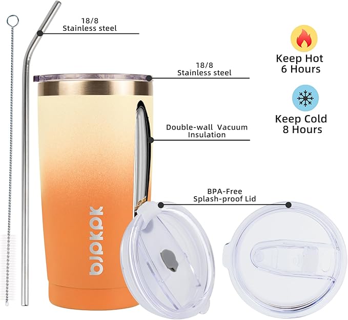 BJPKPK Tumbler with Lid and Straw, 20 oz Stainless Steel Vacuum Insulated Color Block Tumblers, Double Wall Ice Coffee Thermal Cup Travel Mug,Coral - Bloomnest