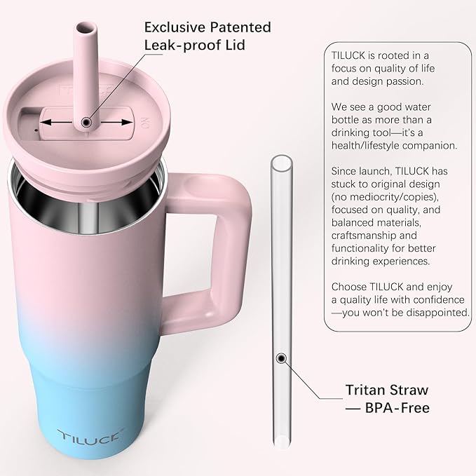 TILUCK 30 oz Tumbler with Handle, Vacuum Insulated Stainless Steel Travel Mug with 100% Leak-Proof Silicone Straw Lid, Cupholder Friendly Water Bottle(PinkBlueGradient, 30oz) - Bloomnest