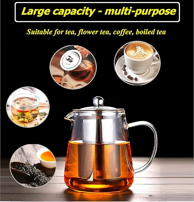 Mini Size Glass Teapot Tea Kettle-with Stainless Steel Removable Infuser for Blooming Tea & Loose Leaf Tea, Microwave & Stovetop Safe, 950ML/32oz (L-950) - Bloomnest
