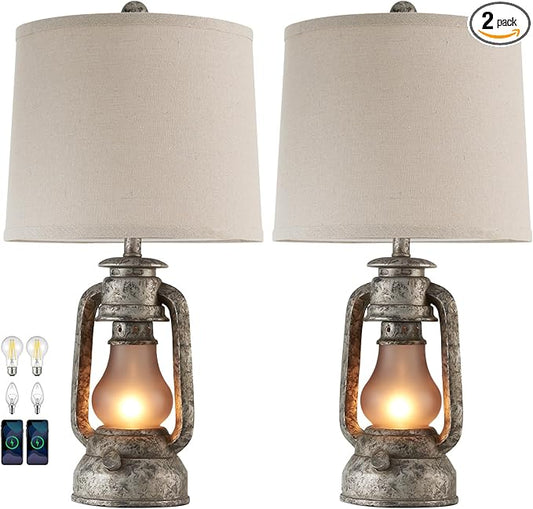 RORIANO Farmhouse Rustic Table Lamps for Living Room Set of 2, Vintage Lantern Table Lamp with Dual USB Ports, Retro Nightstand Lamp for Bedroom Bedside, 4 Bulbs Included (Iron Gray) - Bloomnest