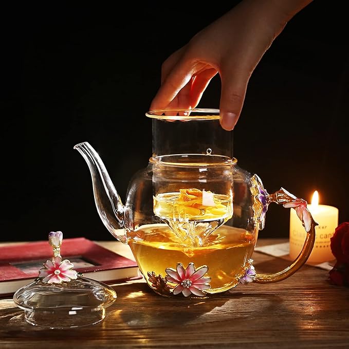 Luka Tech 35OZ Enamel Glass Flower Teapot With Removable Loose Tea Leaf Infuser Tea Maker,Gifts For Women,Mom,Mothers Day,Christmas,Birthday,Valentines Day
