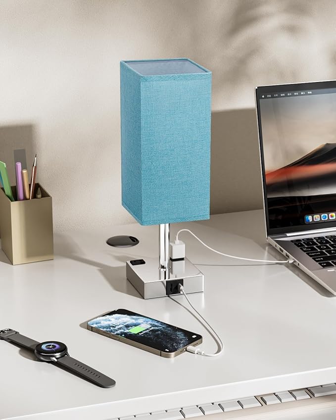 Touch Bedside Table Lamp for Nightstand - 3-Way Dimmable Night Lamp with USB A + Type C Charging Ports and Two AC Outlets, Small Desk Light with E26 Bulb for Bedroom Living Room Dorm, Turquoise - Bloomnest