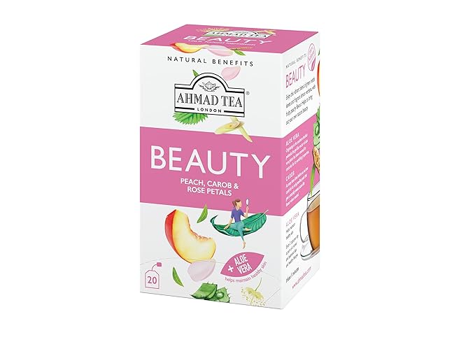 Ahmad Tea Herbal Tea, Peach, Carob, and Rose Petals 'Beauty' Natural Benefits Teabags, 20 ct (Pack of 2) - Decaffeinated & Sugar-Free - Bloomnest