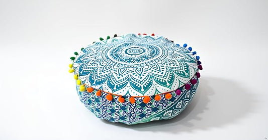INDIAN CRAFT CASTLE ICC Mandala Barmeri Large Floor Pillow Cover Cushion Meditation Seating Ottoman Throw Cover Hippie Decorative Zipped Bohemian Pouf Ottoman Cases Green Ombre 18" Round - Bloomnest
