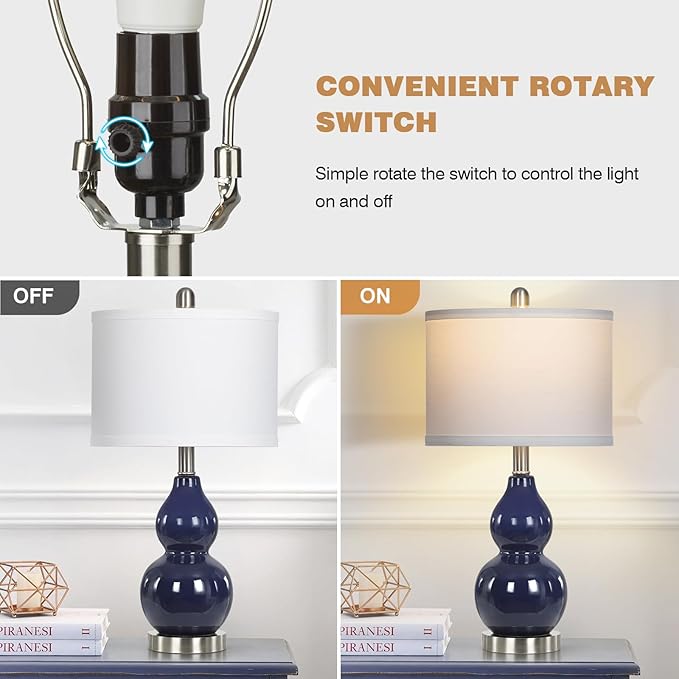 Double Gourd Ceramic Table Lamps Set of 2, Modern Navy Blue Bedside Lamps for Night Stand, Contemporary Nightstand Lamps for Bedroom Living Room (Bulb Included) - Bloomnest