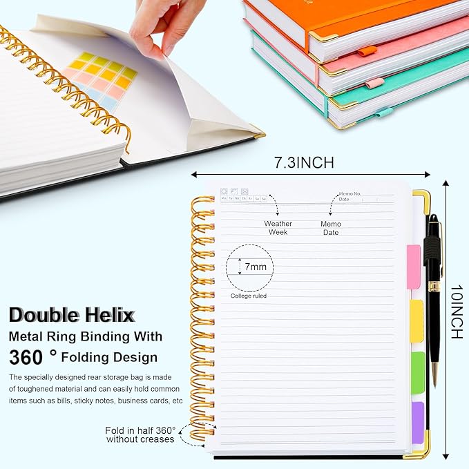 Hardcover Spiral Notebook 8"x10" Journal Notebook with Tabs and Removable Dividers 300 Pages 5 Subject Notebook College Ruled, Faux Leather Spiral Bound Notebook for Women School Work (Black) - Bloomnest