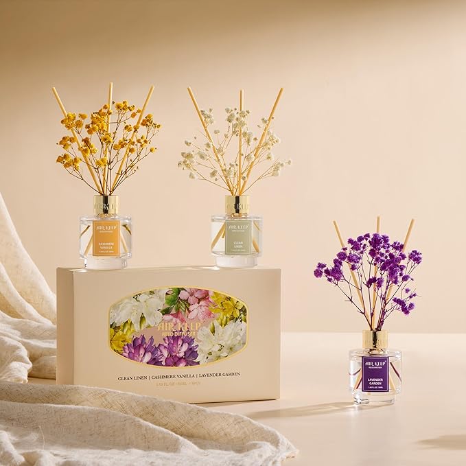 Airkeep Reed Diffuser Set of 3,Clean Linen Cashmere Vanilla Lavender Garden Oil Reed Diffusers for Bedroom Living Room Office Aromatherapy Oil Reed Diffuser for Gift 50ml x 3 - Bloomnest
