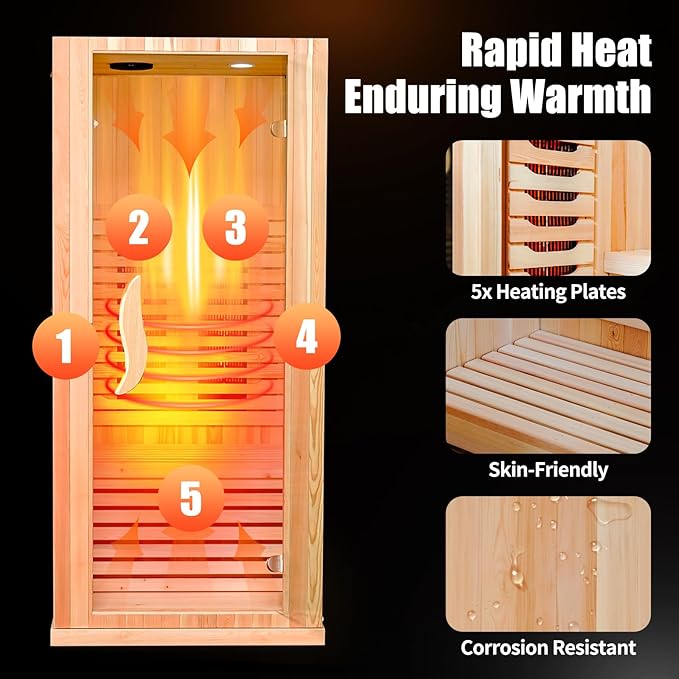Infrared Home Sauna Room 1 Person Low emf far Infrared Infrared Sauna with Red Light Therapy/Bluetooth Speakers/Personal Indoor Dry Heat Sauna for Home Gym-Made from Pinus sylvestris Bloomnest