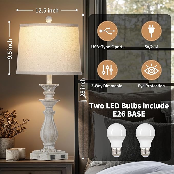 28" Farmhouse Table Lamps for Living Room Set of 2, 3-Way Dimmable Touch Bedside Lamps with USB C+A Ports & AC Outlet, Resin Vintage Tall Nightstand Lamps for Bedroom Office End Table, Grey - Bloomnest