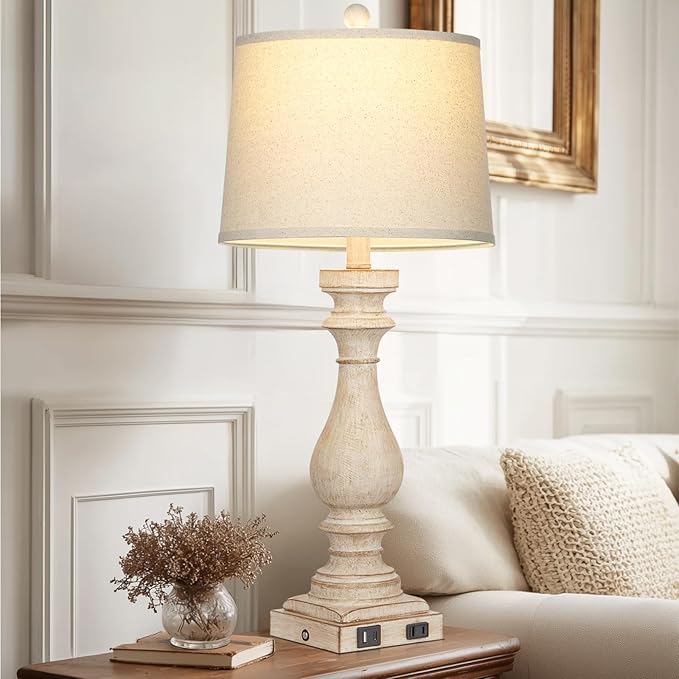 27.5" Farmhouse Table Lamp for Living Room Set of 2,Vintage Bedside Lamps with USB C+A Ports & AC Outlet,3-Way Dimmable Touch Control White Washed Finish Nightstand Lamp for Bedroom,Beige - Bloomnest