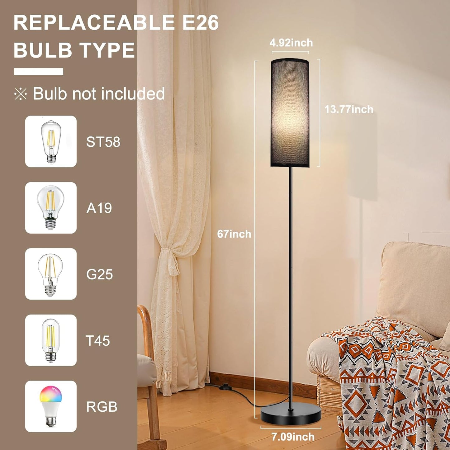 FRIDEKO HOME Floor Lamp with Black Shade, Simple Design with Foot Pedal Switch, Small Tall Lamps for Living Room Bedroom Office, Corner Floor Stand Light with Black Pole Lamp (No Bulb/No Remote)