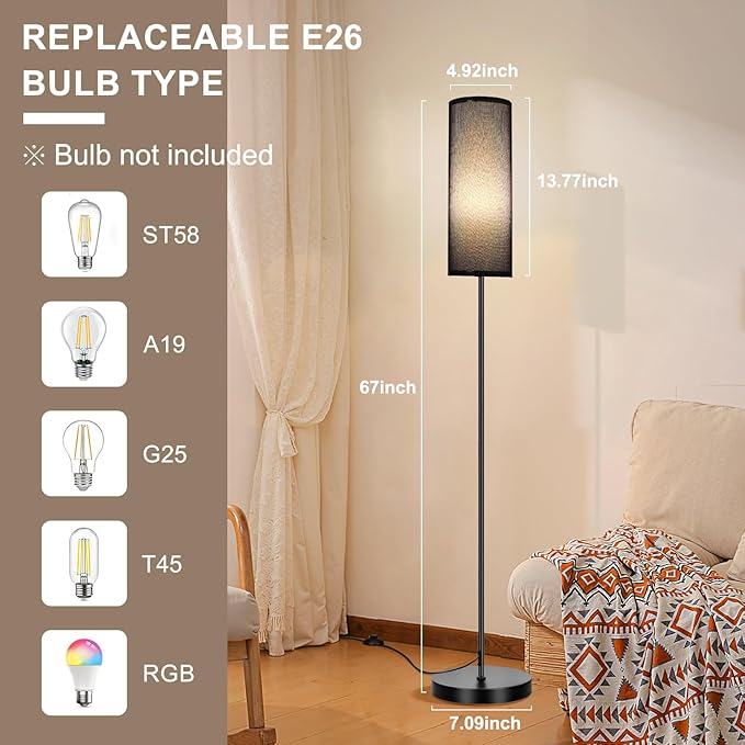 FRIDEKO HOME Floor Lamp with Black Shade, Simple Design with Foot Pedal Switch, Small Tall Lamps for Living Room Bedroom Office, Corner Floor Stand Light with Black Pole Lamp (No Bulb/No Remote) - Bloomnest