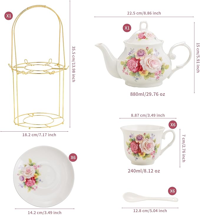 20-Pieces Porcelain Bone china Tea Sets,Gold Rim Coffee Set with Golden Metal Rack,Tea Gift Sets for Home&Party (008) - Bloomnest