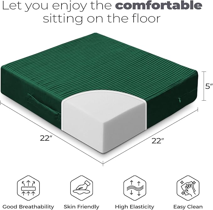 Large Floor Pillows for Adults, Thick Meditation Floor Cushions for Sitting Yoga, 22x22x5 Foam Seat Cushions Set of 2 for Furniture, Floor Pillow with Pleated Velvet Removable Cover, Green