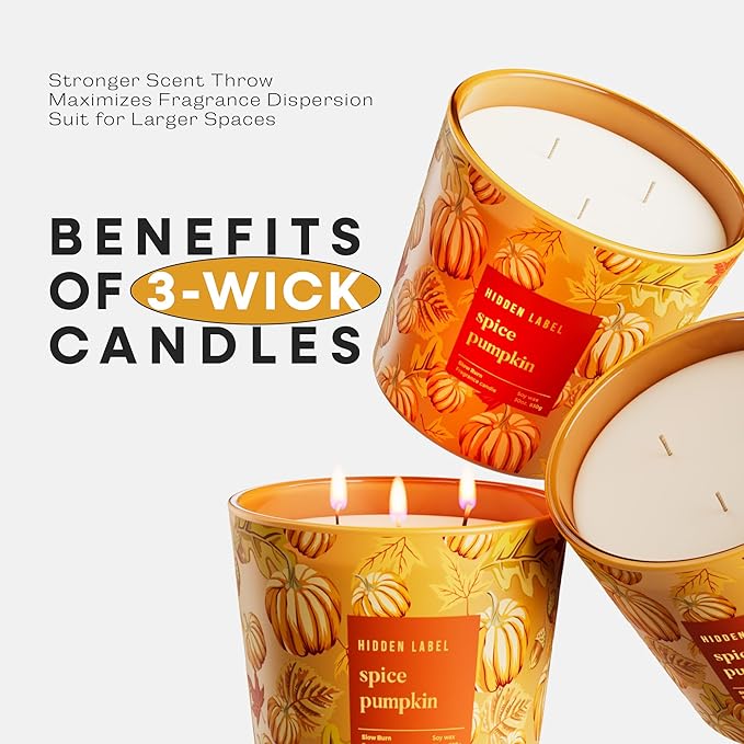 Hidden Label Pumpkin Spice Fall Candles, 3 Wick Large Scented Candle for Home, 30oz Natural Soy Candles for Home Scented,100 Hour Burn Time, Long Lasting Highly Scented Luxury Candle Gift - Bloomnest
