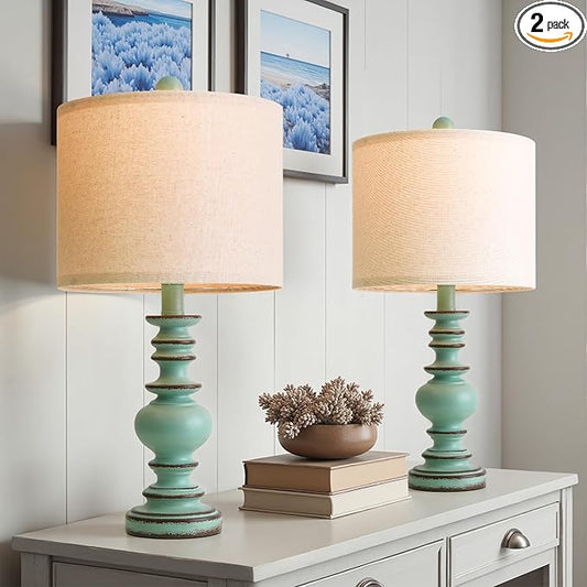 BOBOMOMO 20" Distressed Teal Bedside Lamps Set of 2, Hand-Painted Vintage Resin Lamps with Linen Shades, Cottage Farmhouse Lamp for Living Room, Bedroom, and Hallway, Space-Saving Accent Lamps - Bloomnest