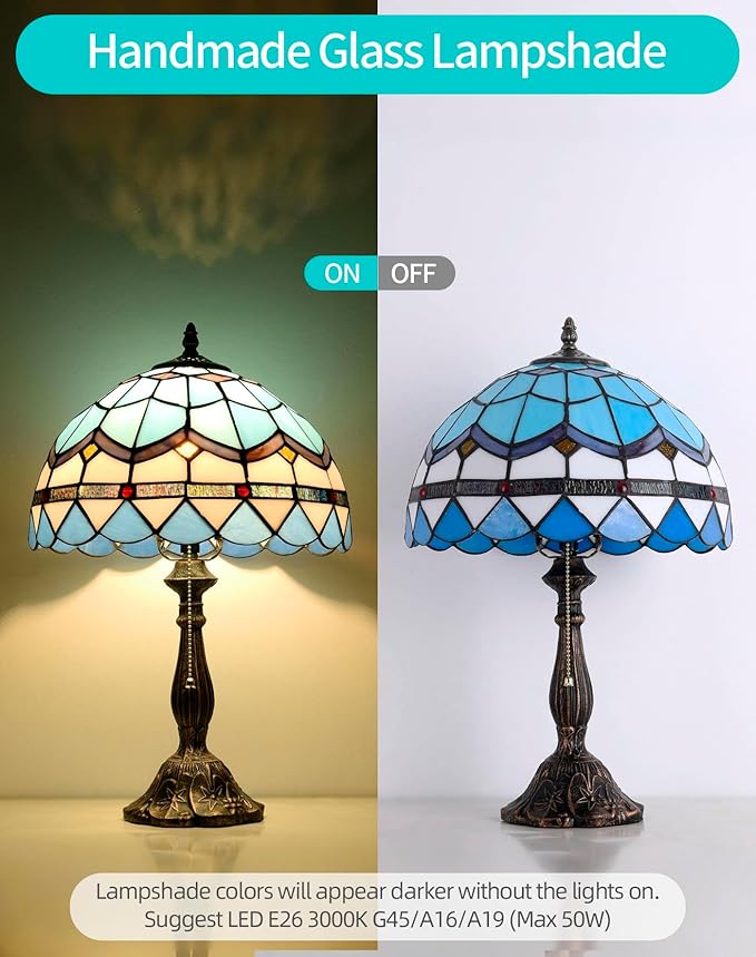 Tiffany Table Lamp, 12-inch Mediterranean Blue Style, Stained Glass Lamp for Living Room, Dining Room, Bedroom, Study Room, Office - Bloomnest