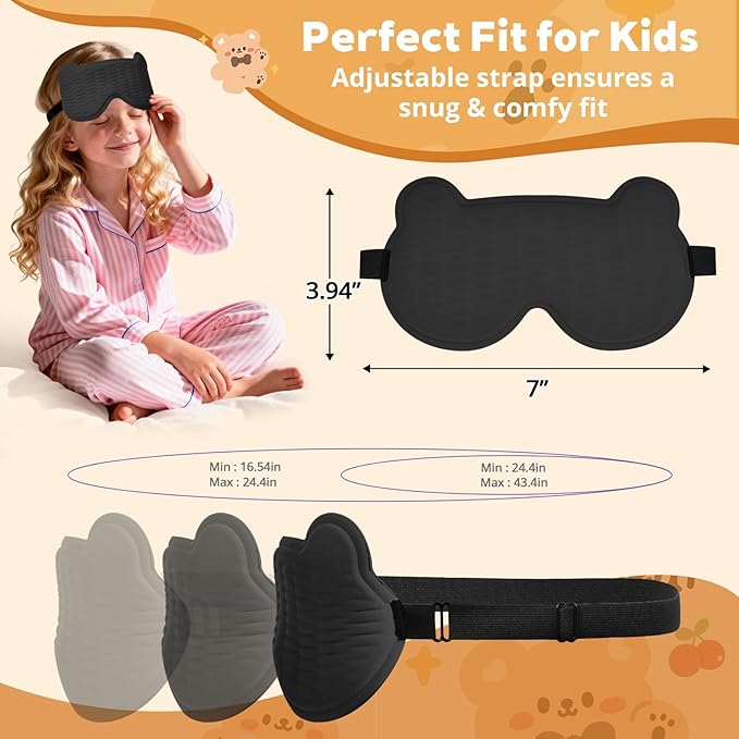 3D Kids Sleep Mask – Cute Bear Eye Mask for Sleeping, Comfortable Memory Foam Sleep Mask for Kids, Adjustable Strap and Lightweight Sleeping Mask for Boys Girls Teens Ages 5-15 (Black) - Bloomnest