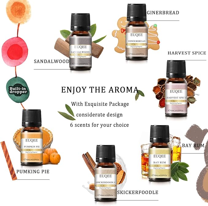 EUQEE 6PCS Spice Autumn Fragrance Oil Set, Scented Oils for Candle Making, Diffusers Aromatherapy Halloween Fragrance Oils for Diffuser & DIY Candles-Sandalwood, Harvest Spice, Bay Rum, Snickerdoodle EUQEE