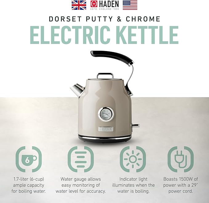 Haden Dorset 1.7 Liter Stainless Steel Electric Kettle, Hot Water Kettle with 360-Degree Base and Auto Shutoff, Putty & Chrome - Bloomnest