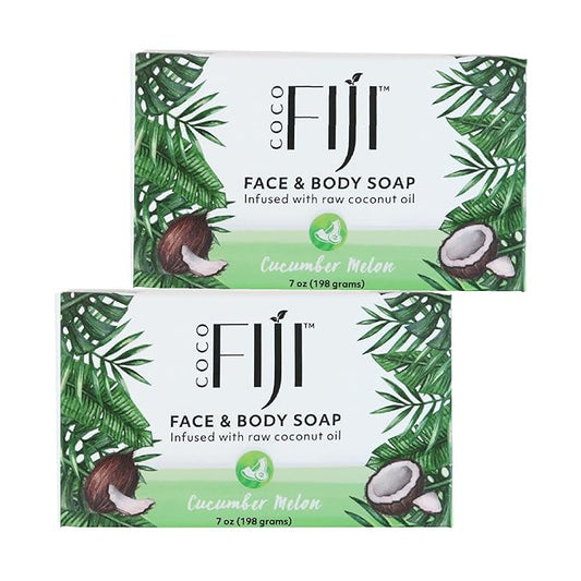 Coco Fiji Soap Bar for Face and Body Infused With Organic Coconut Oil, Cucumber Melon, Essential Oil, Natural Soap for Moisturizing & Pore Purifying Skin, 7 oz,Pack of 2