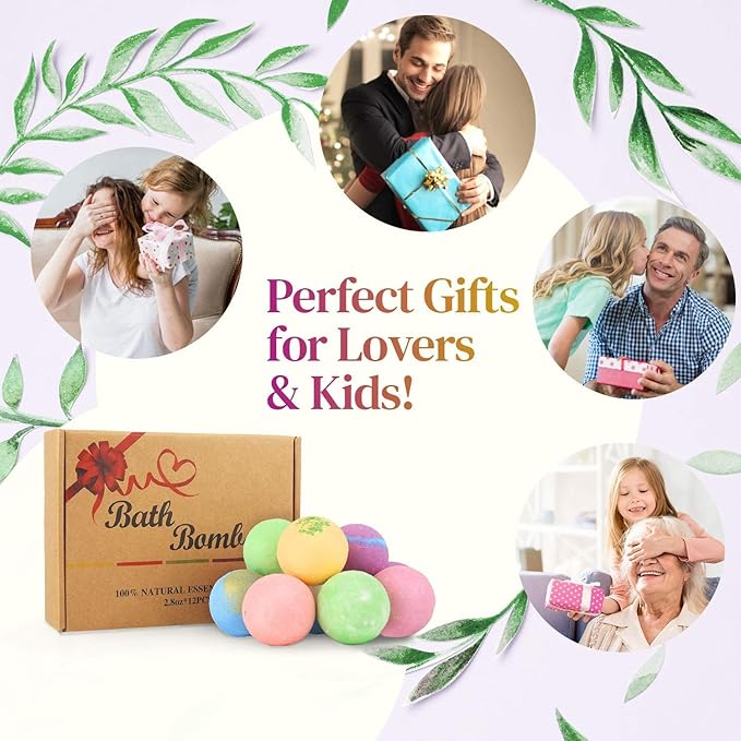 Bath Bombs Gift Set Large 12 PCS 2.8oz Organic Natural Essential Oils, Relax and Moisturize Skin, Luxury Spa Bomb Gifts for Girl, Mom, Kids, Wife, Birthday, Valentine's Day, Anniversary - Bloomnest