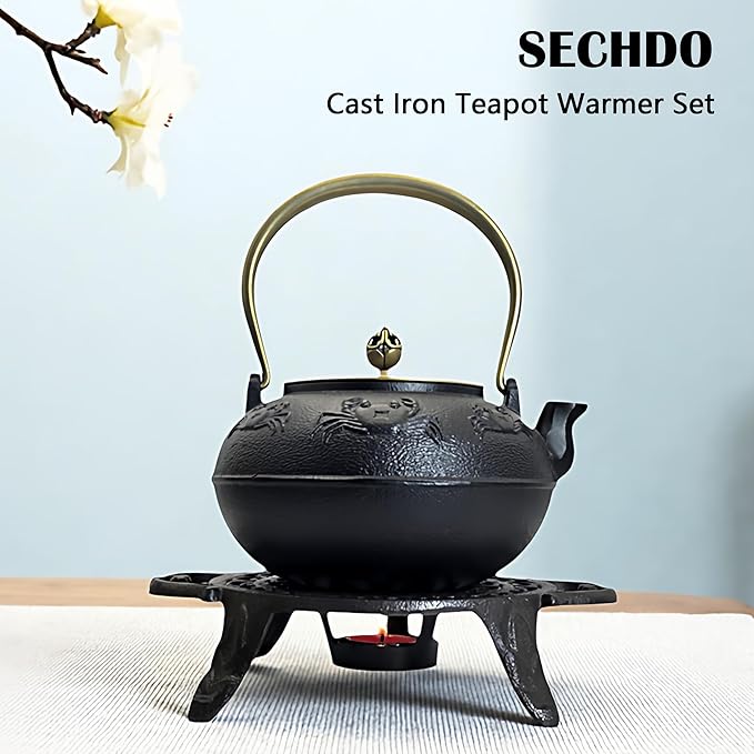 44oz Cast Iron Teapot Set with Tea Light Warmer, Durable Japanese Tetsubin Teapot for Stovetop, Asian Tea Kettle for Adults, Elegant Durable Tea Gift Set (1300ml) - Bloomnest