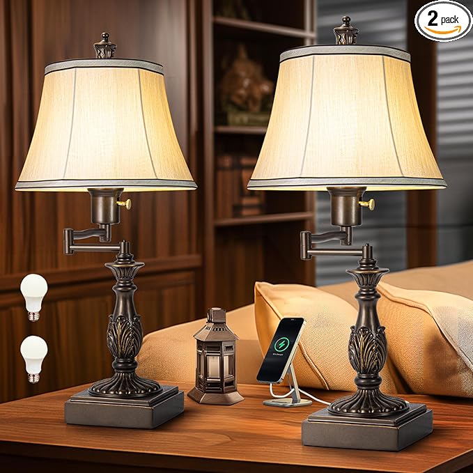 23.5" High Rustic Traditional 350° Adjustable Swing Arm Table Lamp Set of 2 with USB A+C Ports Brown Finish Cream Shade Vintage Nightstand lamp for Living Room Bedroom Office (Bulb Included)