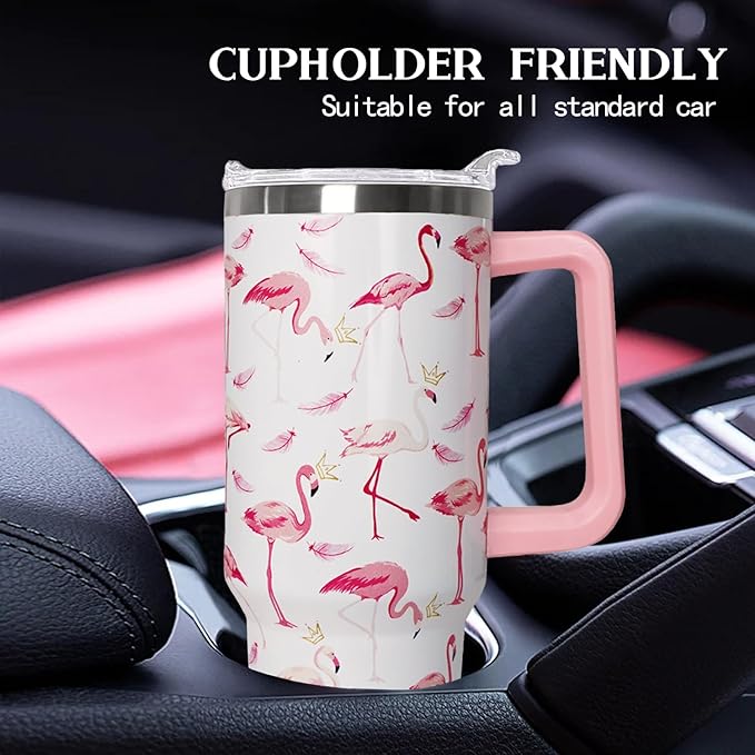 40 oz Pink Flamingo Tumbler with Handle, Lid and Straw - Flamingo Gift for Women - Coffee Mug, Water Bottle - Bloomnest