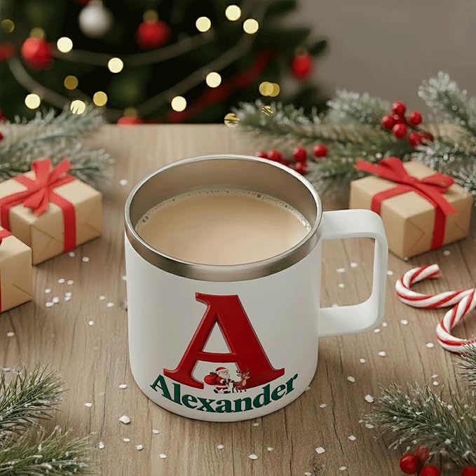 Personalized Christmas Insulated Mug w/Handle, Custom Initial Name, Santa Reindeer Design, Stainless Steel Tumbler, Hot/Cold Drinks, Unique Holiday Gift for Men, Women, Kids(B121) - Bloomnest