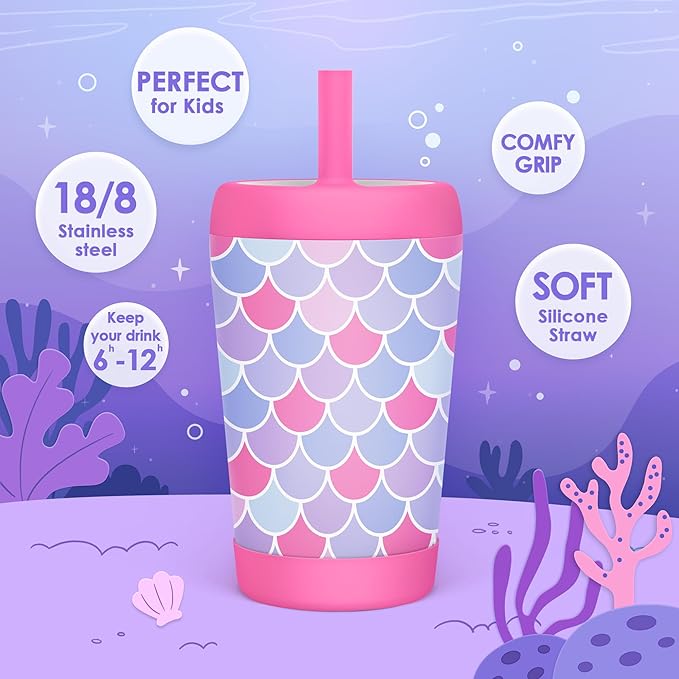 Kid Insulated Stainless Steel Tumbler with Silicone Straw, 12oz Sippy Cup for Kids (Mermaid Scale) - Bloomnest