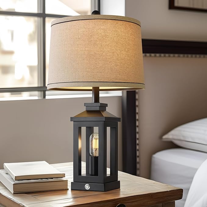 23.75" Retro Farmhouse Black Table Lamp for Living Room Bedroom Nightstand Set of 2 Touch Control Bedside Nightlight Vintage Modern Lamp with USB C+A Ports and 2 Light Sources - Bloomnest