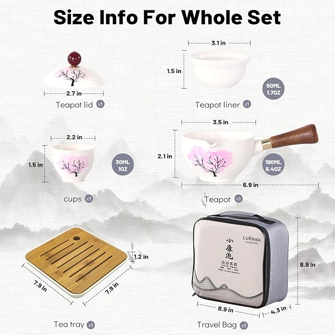 LURRIER Porcelain Chinese Gongfu Tea Set,Portable Teapot Set with 360 Rotation Tea maker and Infuser,Portable All in One Gift Bag for Travel,Home,Gifting,Outdoor and Office (Sakura)