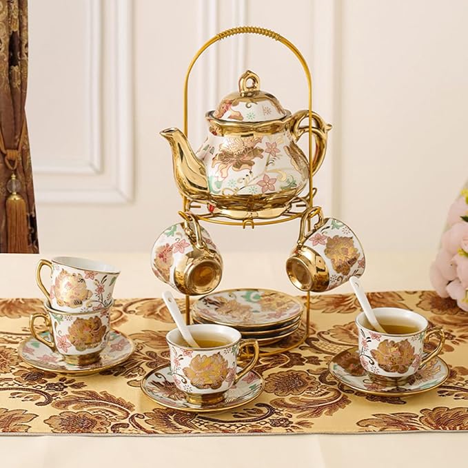 CHANJOON Gold Plated Red Rose Ceramic Tea Set, Vintage Tea Sets with Teapot, Beautiful Tea Set Coffee Serving 6 People (pink, Medium) - Bloomnest