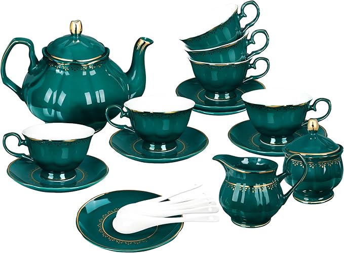 fanquare 21 Piece Vintage Porcelain Tea Set, Green with Gold Trim Fine China Tea Sets for Party, Teapot with Tea Cup and Saucers Set for 6, Christmas Gifts - Bloomnest