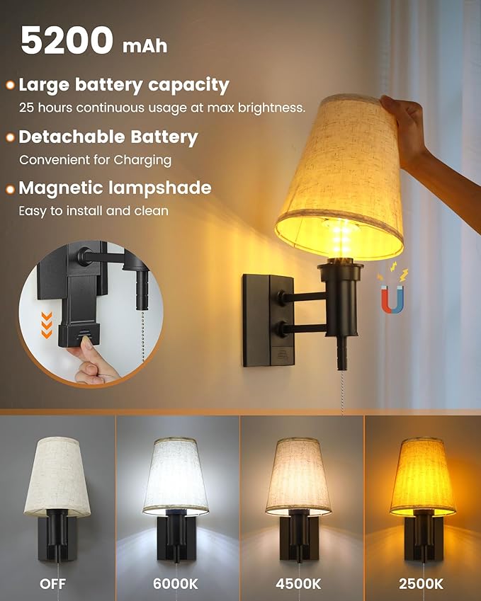 Battery Operated Wall Sconces Set of Two, Wireless Wall Lights with 5200mAh RGB Dimmable Detachable Battery, Rechargeable Wall Sconce with Remote for Home Decor, Easy DIY Installation - Bloomnest