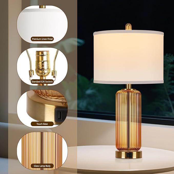 Table Lamps Set of 2 with Touch Control, 3-Way Dimmable Nightstand Lamp with Vertical Grained Glass, Bedside Table Lamps, 27" Modern Glass Bedside Lamps with USB A+C Ports, Brown Desk Lamp for Bedroom - Bloomnest