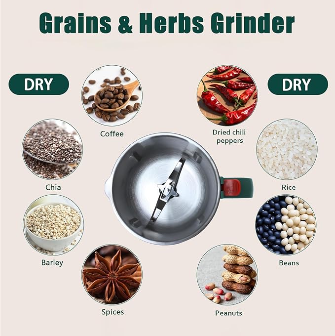 Grinder for Kitchen, Spice Grinder Electric Dry Comes With 3 Removable Stainless Steel Blades, 500w Suitable For Grinding Spices, Herbs, Coffee Beans, Grains, Nuts (Green) - Bloomnest
