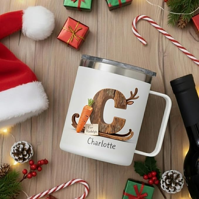 Personalized Christmas Coffee Mug with Custom Name & Reindeer Initial - 14oz Insulated Stainless Steel Tumbler with Handle & Lid - Rustic Rudolph Design, Unique Holiday Gift for Family (B60) - Bloomnest