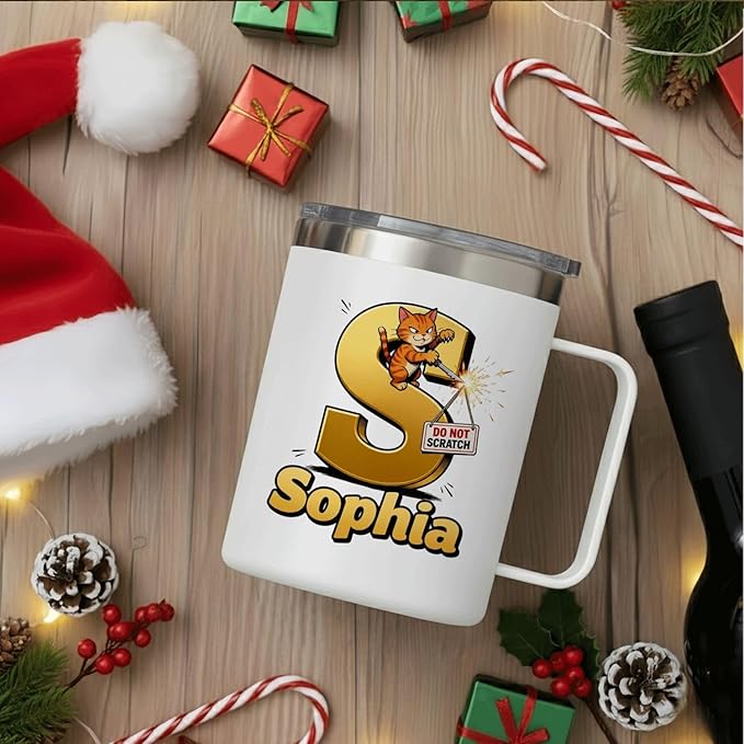 JugJug Personalized Funny Cat Mug with Initial & Name - Naughty 12oz Insulated Coffee Cup w/Lid - Sarcastic Gifts for Cat Lovers, Girls, Women (B172) - Bloomnest