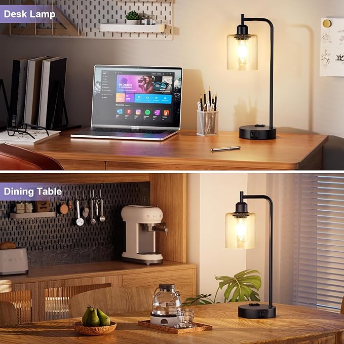 Industrial Touch Table Lamps for Bedrooms Set of 2 - 3-Way Dimmable Lamps with USB C+A Ports and Outlet, Black Bedside Lamps with Seeded Clear Glass Shade for Living Room, Desk Lamps for Home Office - Bloomnest