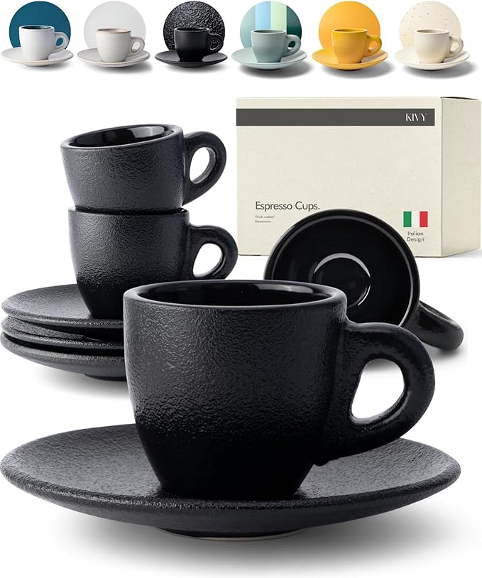 KIVY 3 oz Espresso cups set of 4 - Thick walled stoneware espresso cup set - Italian style cups and saucers - Demitasse cups set of 4 - Espresso mugs black - Coffee shot cups & saucers - Bloomnest