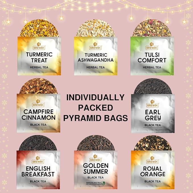 BREWIX, 2025 Advent Calendar Tea Bags | 24 Delightful Black & Green Tea Infusions in Pyramid Tea Bags - Holiday Gift Box | Christmas Gift Idea for Tea Lovers, Countdown Set | Holiday Variety Sampler for Tea Lovers - Bloomnest