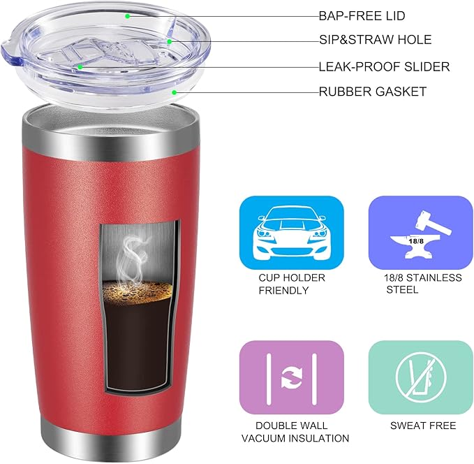 VEGOND 20oz Tumbler with Lid and Straw Stainless Steel Tumbler Cup Bulk Vacuum Insulated Double Wall Travel Coffee Mug Powder Coated Coffee Cup(Powder Red 12 Pack - Bloomnest