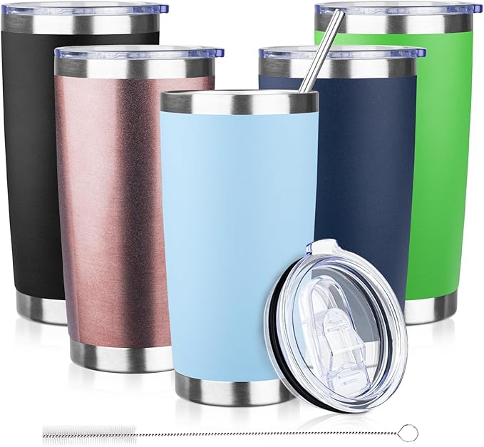 20oz Tumbler with Lid and Straw Double Wall Powder Coated Vacuum Insulated Coffee Tumbler Stainless Steel Insulated Travel Coffee Mug Spill-Proof Thermal Cup for Hot and Cold Beverage,Baby Blue - Bloomnest