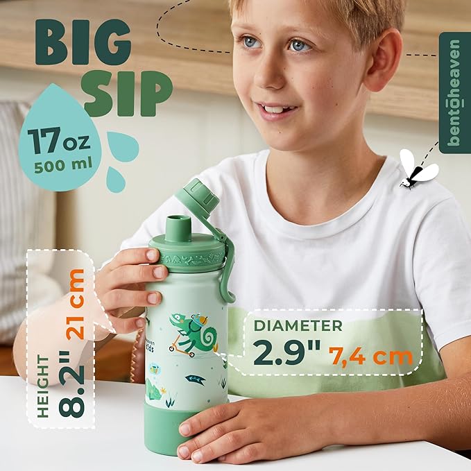 Bentoheaven Kids Water Bottle Stainless Steel for Boys & Girls, 2 Lids (Chug & Straw), Handle & Silicone Boot, Reusable Metal Leak-proof Insulated Tumbler, School & Sports 17oz (Green) - Bloomnest