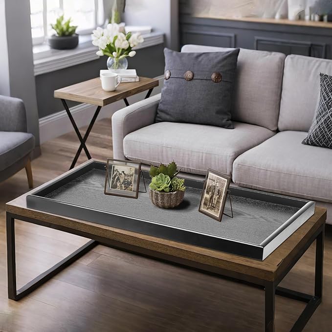 36 x 22 Inches Extra Large Solid Wood Serving Tray for Tea Coffee Table Snack Food Meals Serving Plate Kitchen Party Bar Breakfast Server with Raised Edges Black Wooden Decorative Ottoman Tray - Bloomnest