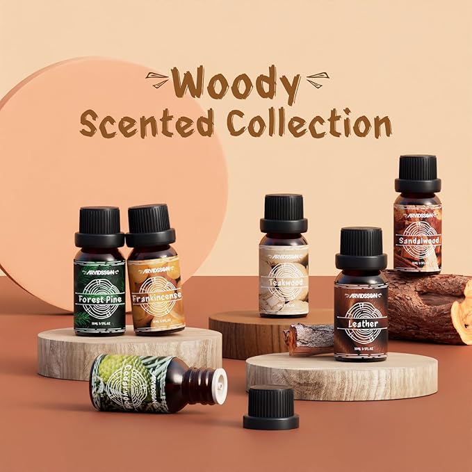 Woody Essential Oils Set, ARVIDSSON Woodsy Fragrance Oil for Candle Making, Sandalwood, Leather, Teakwood, Frankincense, Cedarwood, Pine, Diffuser Essential Oil for Men and Women - Bloomnest