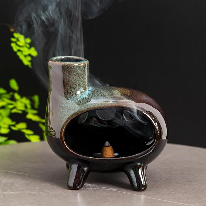 Handcrafted Ceramic Palo Santo Holder Burner with Green Glaze - Modern Footed Pottery Incense Chimney Dish - Great for Meditation - Wood Sticks, Sage, Ash Catcher Bowl, Cone Compatible.