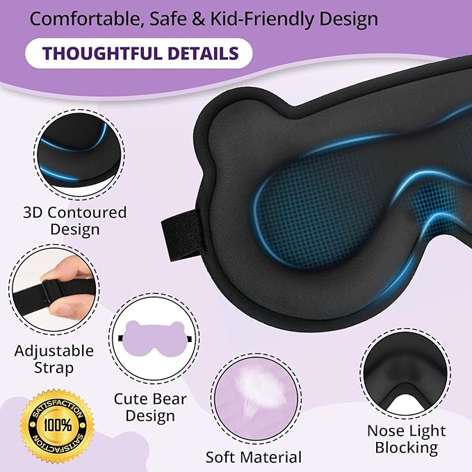 Kids Sleep Mask, 3D Sleeping Eye Mask for Kids with Adjustable Elastic Strap, Bear Shape Eye Cover with Memory Foam, Soft & Light-Blocking, Gift for Boys Girls Teens Age 5–15 (Purple) - Bloomnest